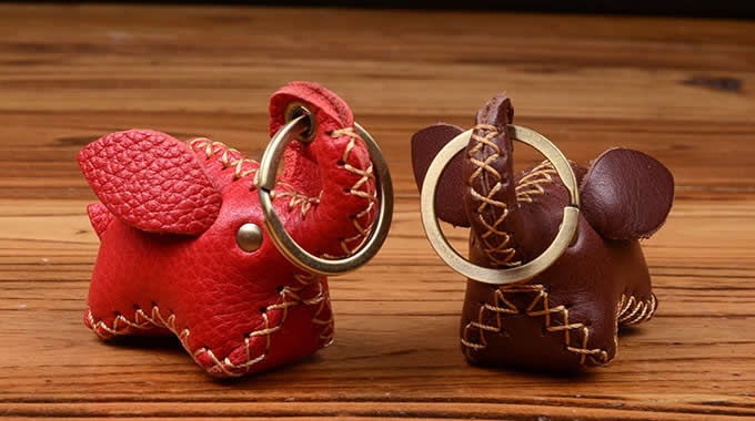 Handmade Genuine Leather Elephant Style Keychain Key Ring, 2 Piece Set