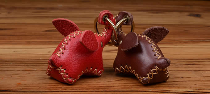 Handmade Genuine Leather Elephant Style Keychain Key Ring, 2 Piece Set