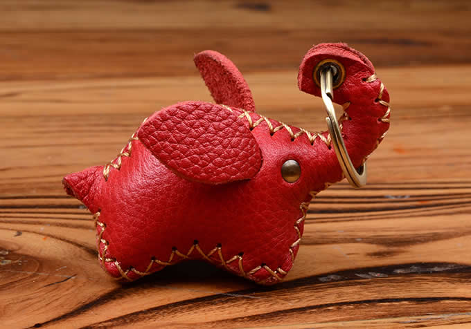 Handmade Genuine Leather Elephant Style Keychain Key Ring, 2 Piece Set