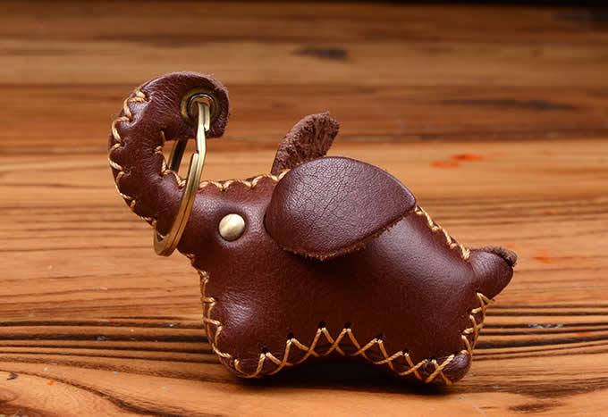 Handmade Genuine Leather Elephant Style Keychain Key Ring, 2 Piece Set