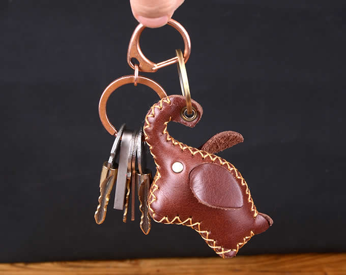 Handmade Genuine Leather Elephant Style Keychain Key Ring, 2 Piece Set