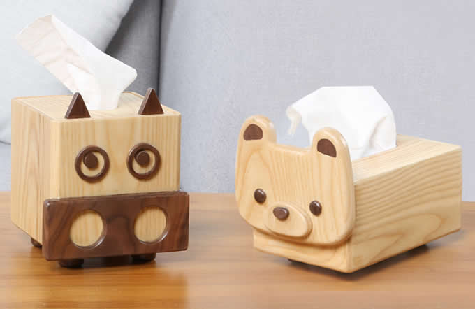 Natural Solid Wood Handmade Dog &Cow Tissue Box