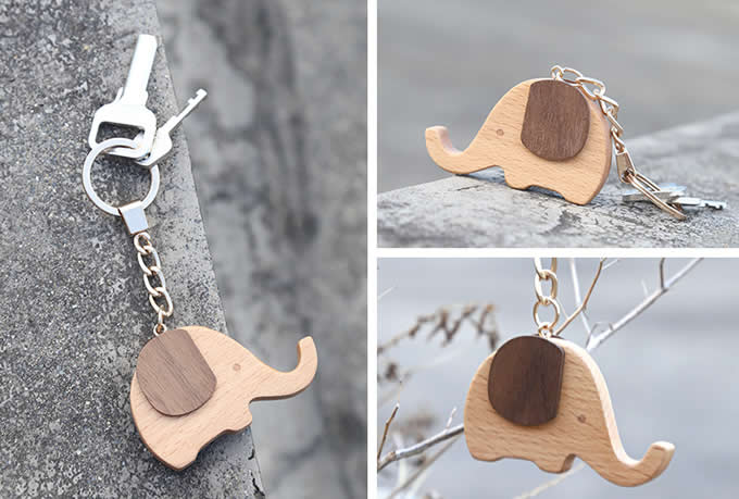 Wood Elephant Keyring Keychain   