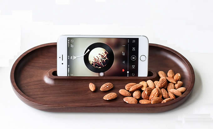   Wooden Dessert Tray Cookie Snack Nut Serving Dish  with Cellphone Holder   