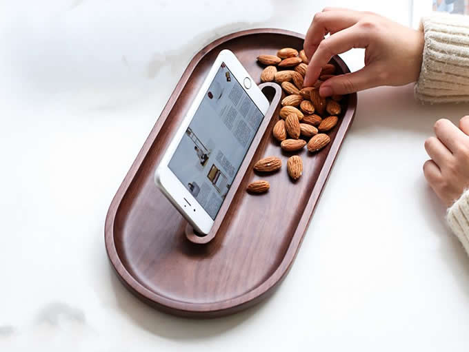   Wooden Dessert Tray Cookie Snack Nut Serving Dish  with Cellphone Holder   