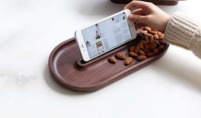   Wooden Dessert Tray Cookie Snack Nut Serving Dish  with Cellphone Holder   