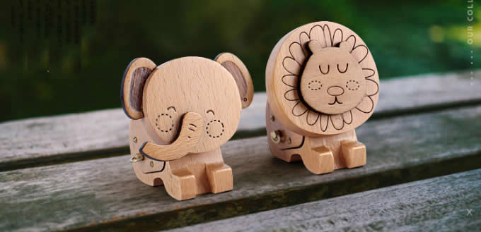 Wooden  Lion & Elephant Musical Box
