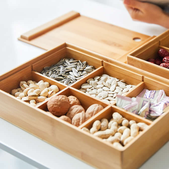  Bamboo Nuts Snacks Storage Box with Dividers 