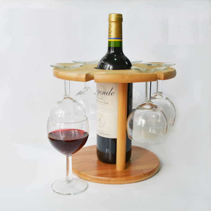 Bamboo  Single Wine Bottle Rack, 6 Glass Stemware Storage Display Stand