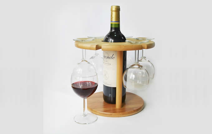 Bamboo  Single Wine Bottle Rack, 6 Glass Stemware Storage Display Stand