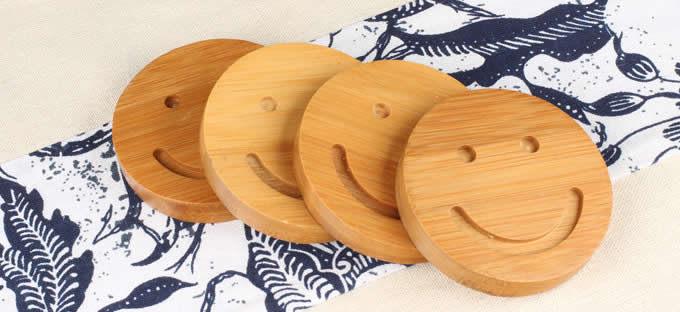 Wood Smiley Face Coaster Set of 5 