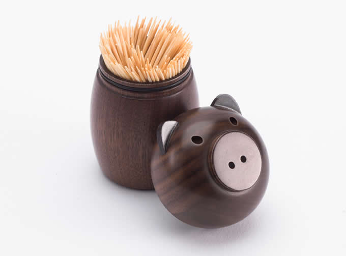 Black Walnut Wooden Pig Toothpick Holder 