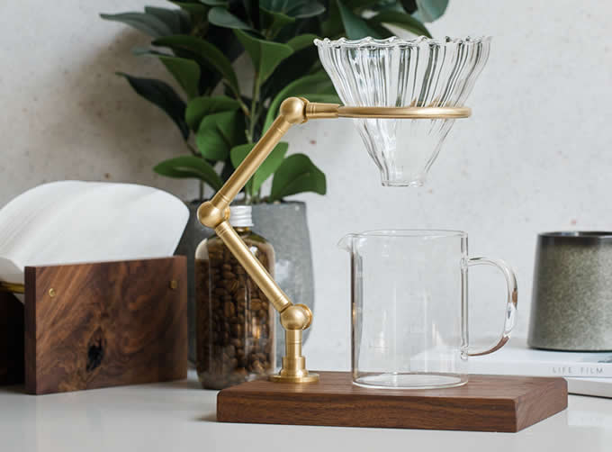 Brass & Wooden Pour Over Drip Coffee Maker Dripper Stand,Black Walnut Base 