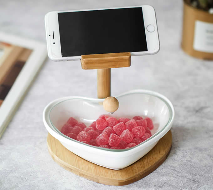 Ceramic Lazy Seeds Snacks fruit Plate With Bamboo Mobile phone holder   