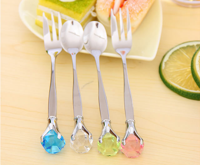 Faux  Rhinestone Decor Steel Spoon And Fork Set