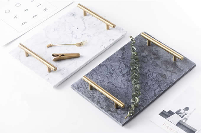 Rectangular Marble Tabletop Tray With Metal  Handle