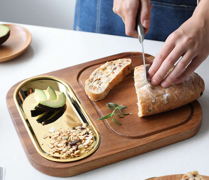 Wood Cutting Board  & Stainless  Dessert Serving Tray 