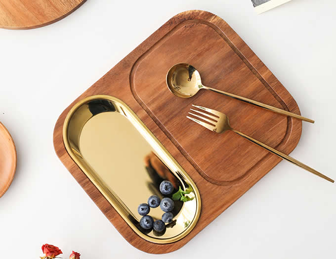 Wood Cutting Board  & Stainless  Dessert Serving Tray 