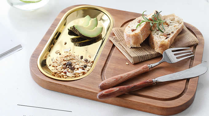 Wood Cutting Board  & Stainless  Dessert Serving Tray 
