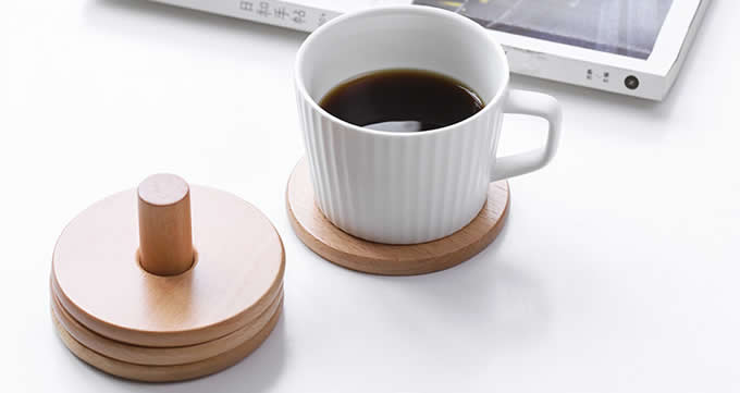 Wood Round Coaster Set of 6 with Holder