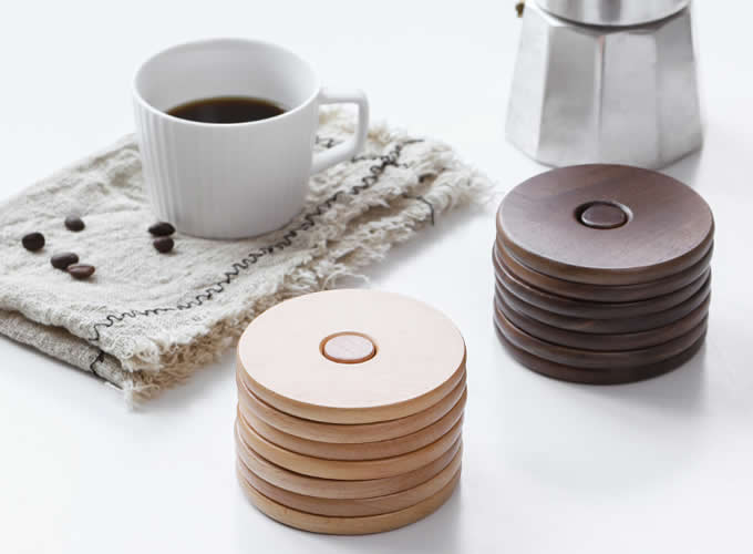 Wood Round Coaster Set of 6 with Holder