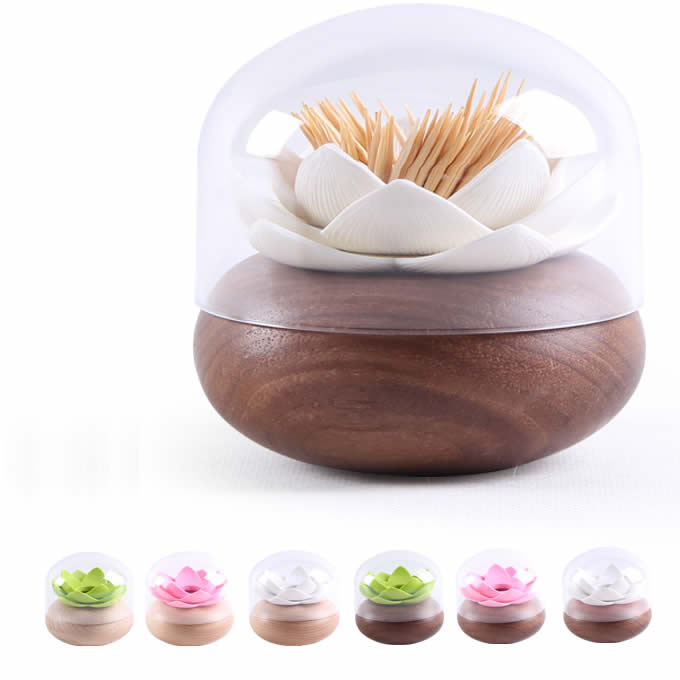 Wooden Lotus Flower Cotton Bud Holder Toothpick Case 