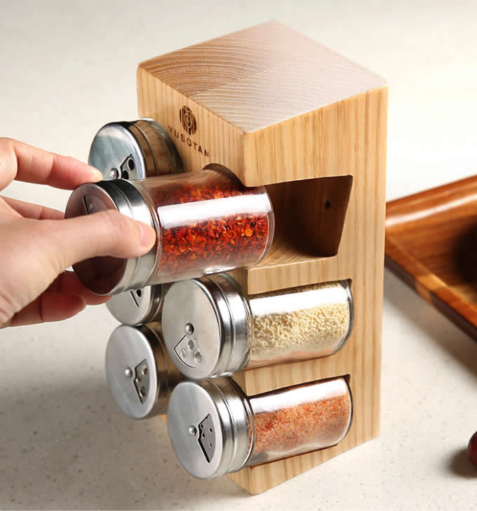 Wooden Spice Rack Stand holder with 6 bottles 