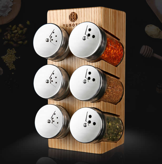 Wooden Spice Rack Stand holder with 6 bottles 