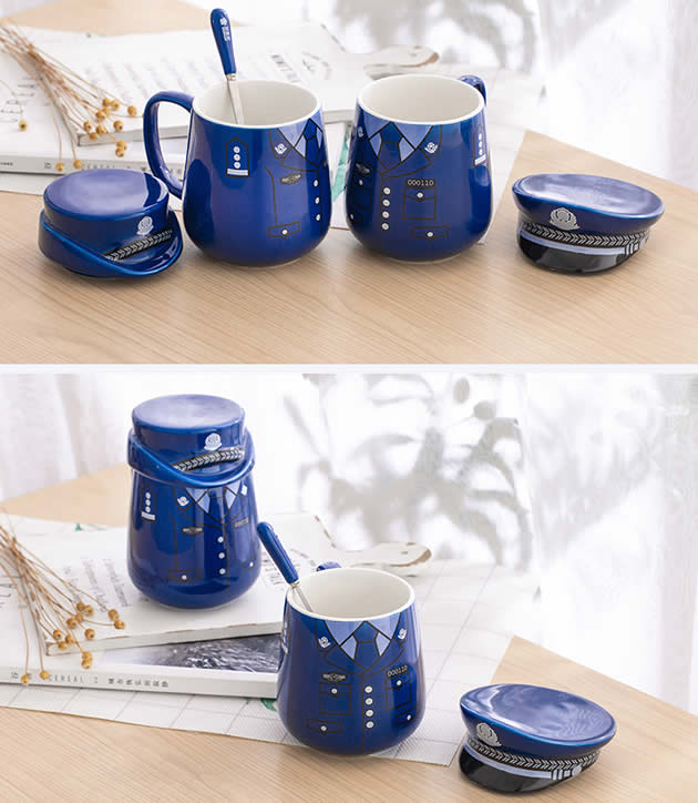 Creative blue police uniform ceramic mug gift cup