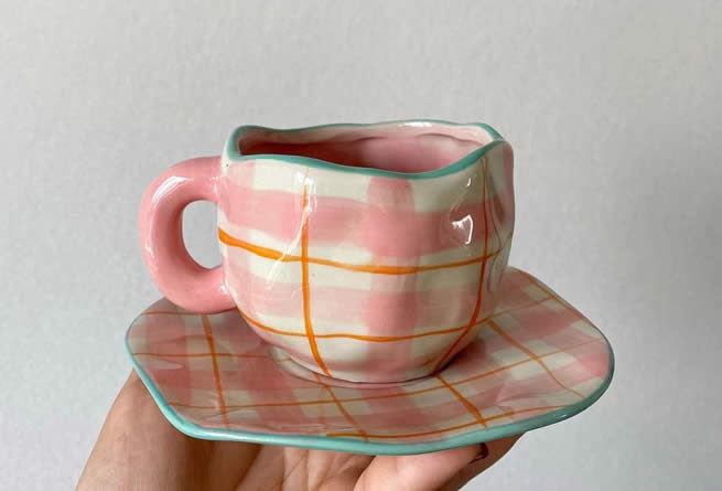 Exquisite Irregular Geometric Art Ceramic Pink&Blue Coffee Cup