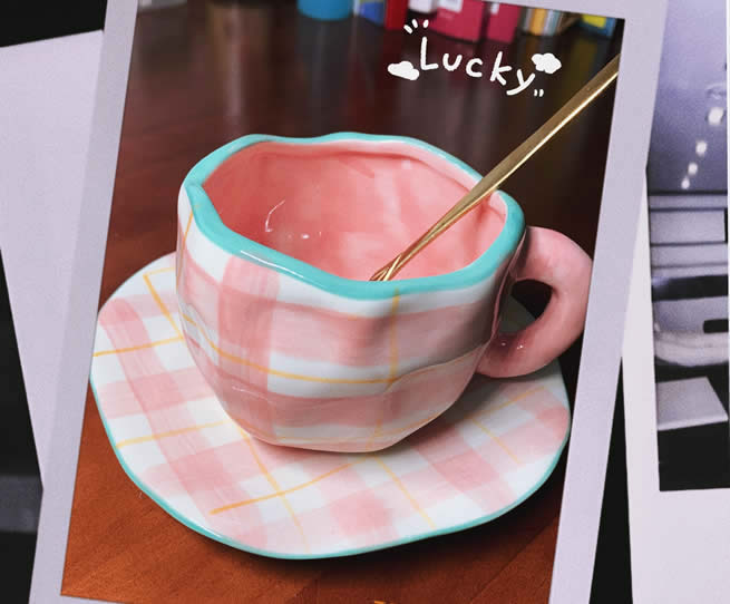 Exquisite Irregular Geometric Art Ceramic Pink&Blue Coffee Cup