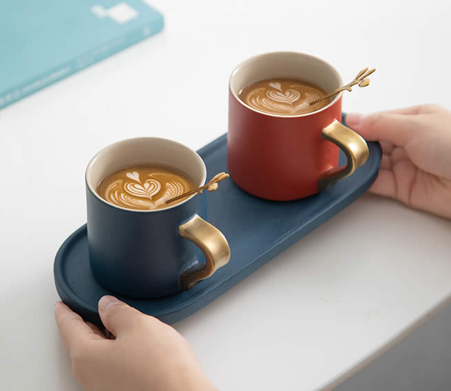 Fashion Two-color Couple Ceramic Coffee Cup With Tray