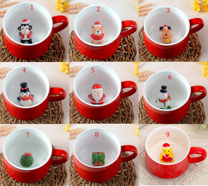 3D Cartoon Miniature Animal Santa Snowman Christmas Tree Figurine Ceramic Coffee Cup  