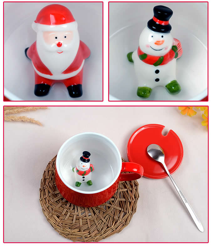 3D Cartoon Miniature Animal Santa Snowman Christmas Tree Figurine Ceramic Coffee Cup  