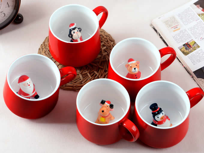 3D Cartoon Miniature Animal Santa Snowman Christmas Tree Figurine Ceramic Coffee Cup  