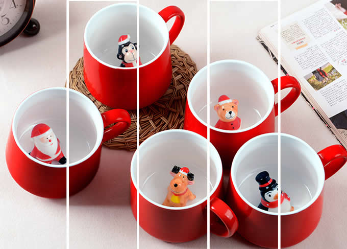 3D Cartoon Miniature Animal Santa Snowman Christmas Tree Figurine Ceramic Coffee Cup  