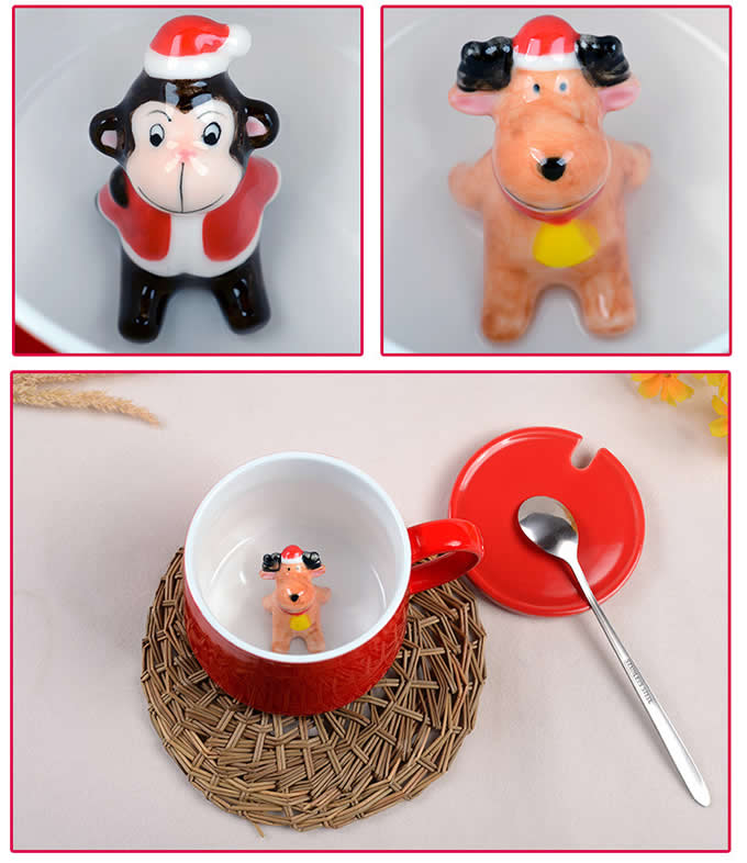 3D Cartoon Miniature Animal Santa Snowman Christmas Tree Figurine Ceramic Coffee Cup  