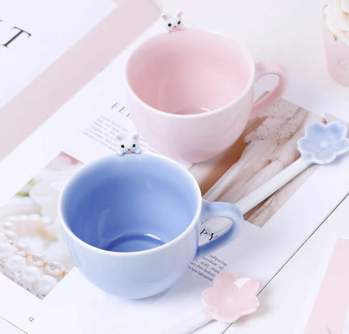 3D Cute Lovely Cartoon Cat & Rabbit Figurine Ceramics Coffee Cup 