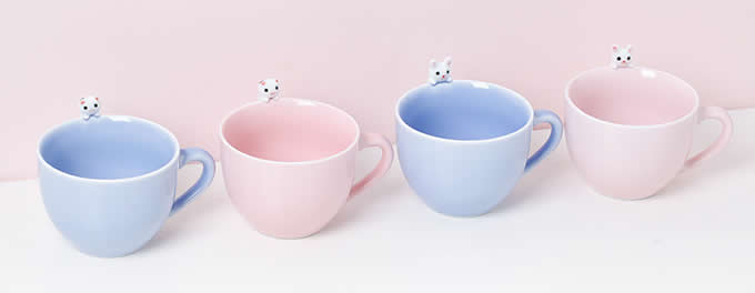 3D Cute Lovely Cartoon Cat & Rabbit Figurine Ceramics Coffee Cup 