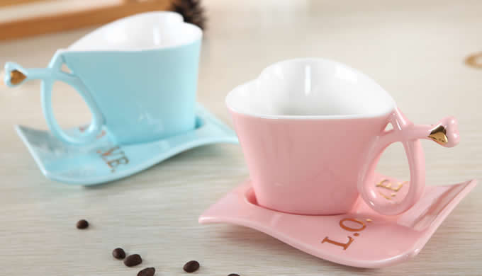 Ceramic Heart-Shaped Coffee Mug with Saucer 