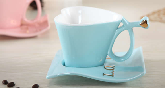 Ceramic Heart-Shaped Coffee Mug with Saucer 