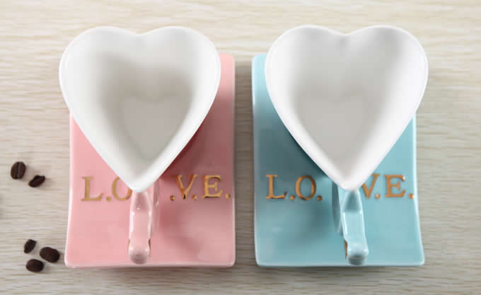 Ceramic Heart-Shaped Coffee Mug with Saucer 