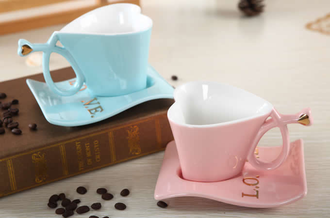 Ceramic Heart-Shaped Coffee Mug with Saucer 