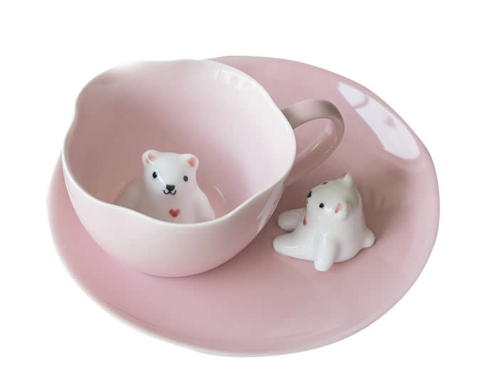  Pink 3D Bear & Cat Ceramic Coffee Cup With Saucer 