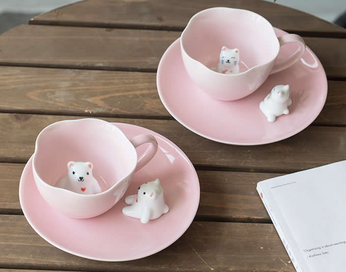  Pink 3D Bear & Cat Ceramic Coffee Cup With Saucer 