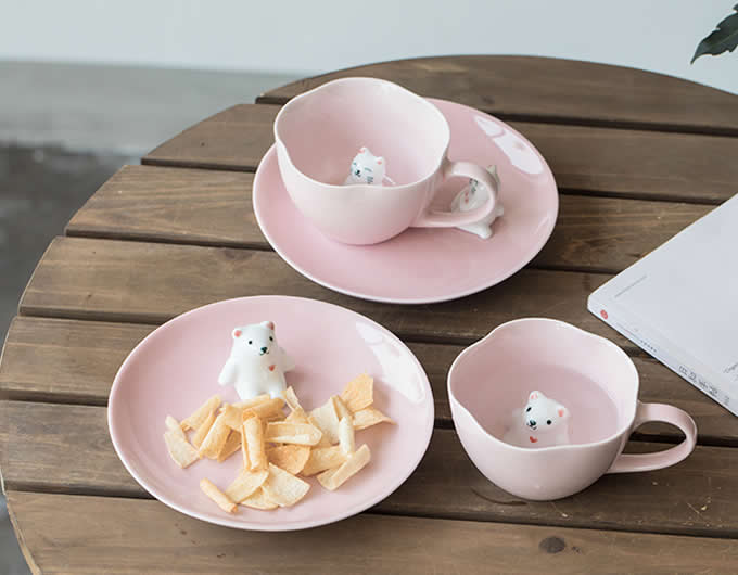  Pink 3D Bear & Cat Ceramic Coffee Cup With Saucer 