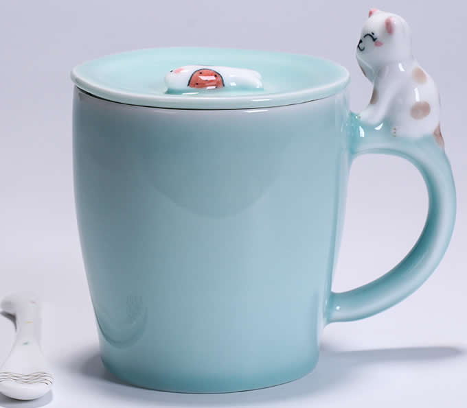 Porcelain Coffee Mug with Cat On Handle 