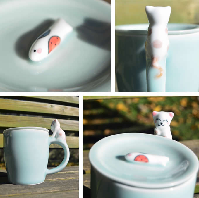 Porcelain Coffee Mug with Cat On Handle 