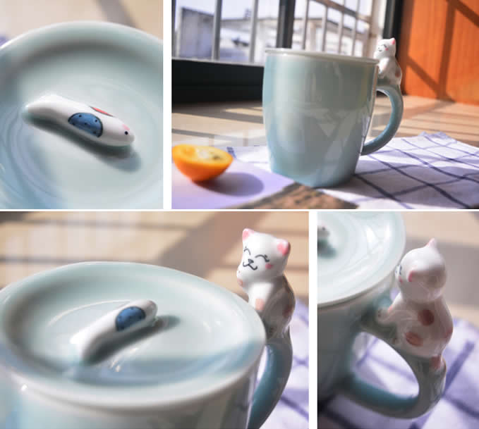 Porcelain Coffee Mug with Cat On Handle 