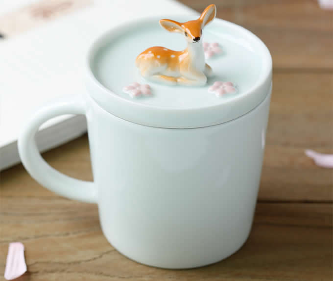  Porcelain Coffee Mug with 3D Deer On Lid